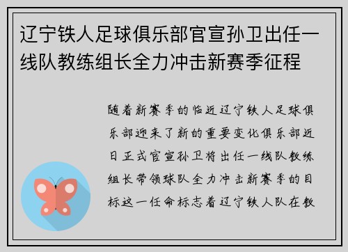 辽宁铁人足球俱乐部官宣孙卫出任一线队教练组长全力冲击新赛季征程 辽宁铁人足球俱乐部官宣孙卫出任一线队教练组长全力冲击新赛季征程