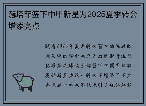 赫塔菲签下中甲新星为2025夏季转会增添亮点